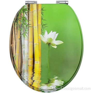 Fanmitrk Wooden Toilet Seat-Durable MDF Toilet Seat Soft Close in Various Patterns(Bamboo and Lotus)